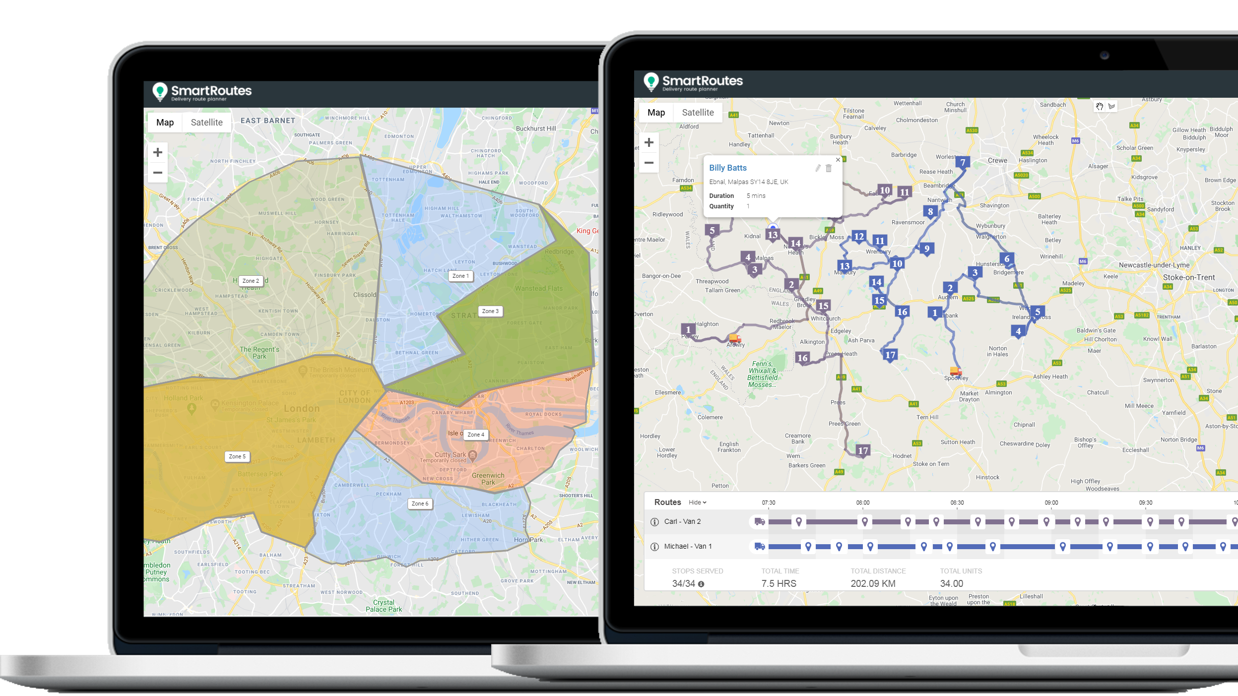 Geographic Driver Zones and planned routes for 2 vehicles on SmartRoutes Desktop Planner