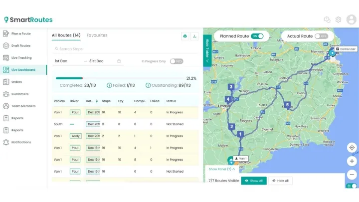 Live vehicle tracking screen on SmartRoutes