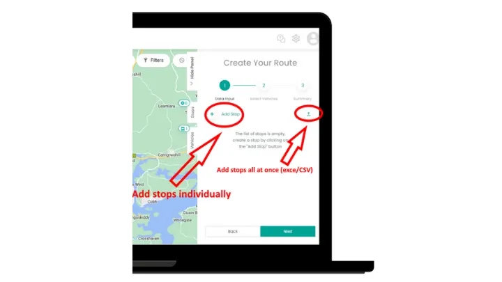 Add stop individually or by spreadsheet upload