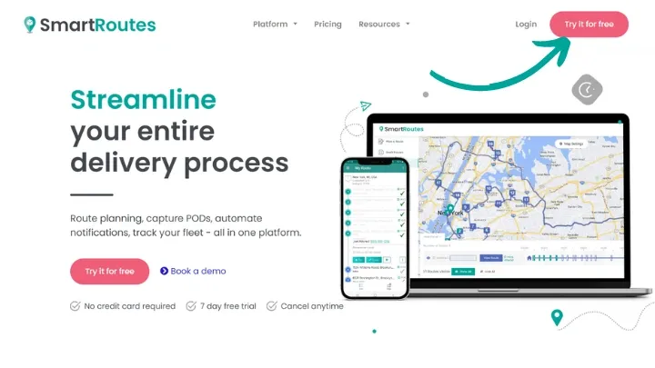 Click on ‘Try it for Free’ in the top right-hand corner of the SmartRoutes homepage
