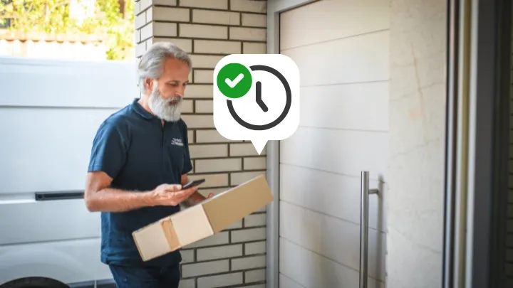 Illustration of a delivery van arriving at a customer’s house on time, with a clock overlay symbolizing punctual delivery