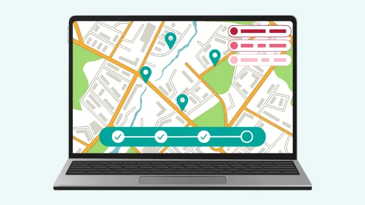 Illustration of a delivery logistics app dashboard showing address details and route progress.