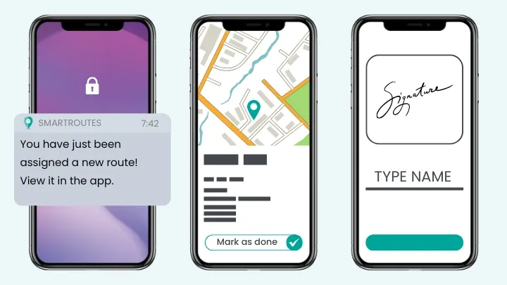 Illustration of a delivery driver app on various screens.