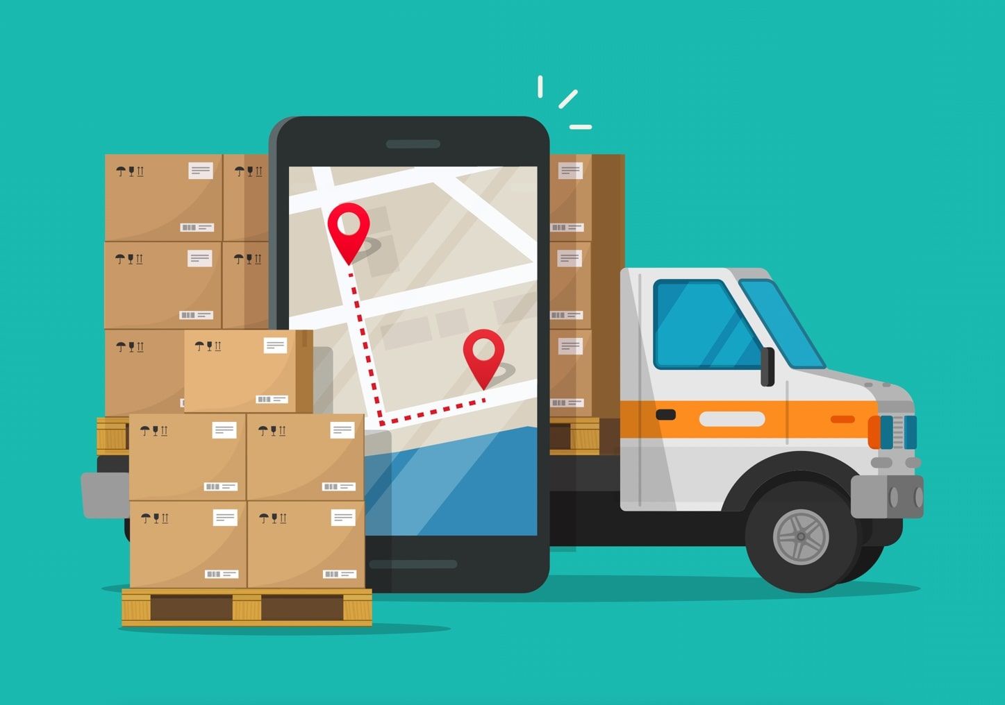 An illustration of a delivery truck, routing app and packages