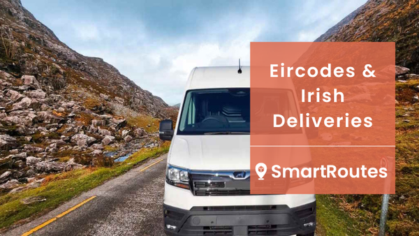 A photo of a van on an Irish road surrounded by mountains with the text ' Eircodes and Irish Deliveries' overlayed