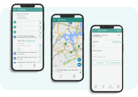 Mobile view of the route planner with delivery routes, delivery map and driver notes