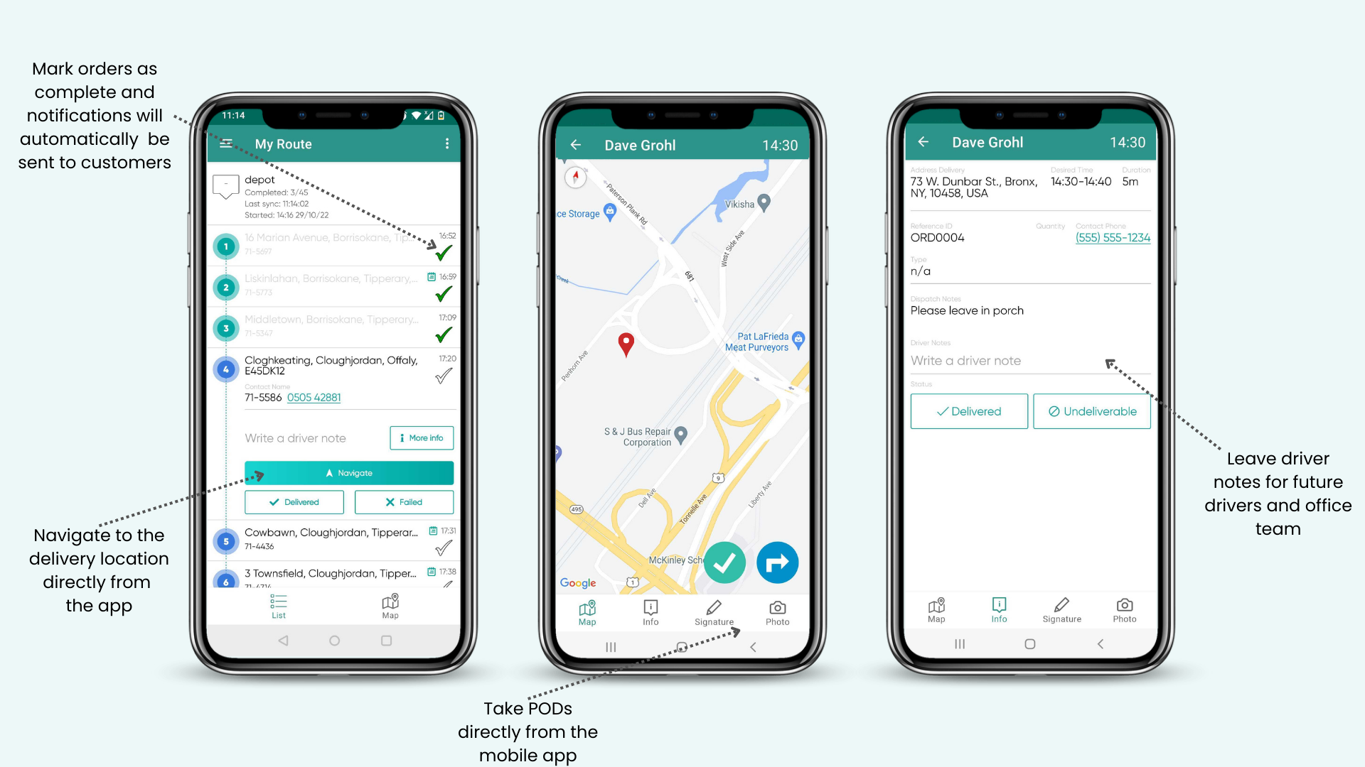 SmartRoutes’ Delivery Driver App screens showing a route in progress, where you can capture POD and the driver notes function.