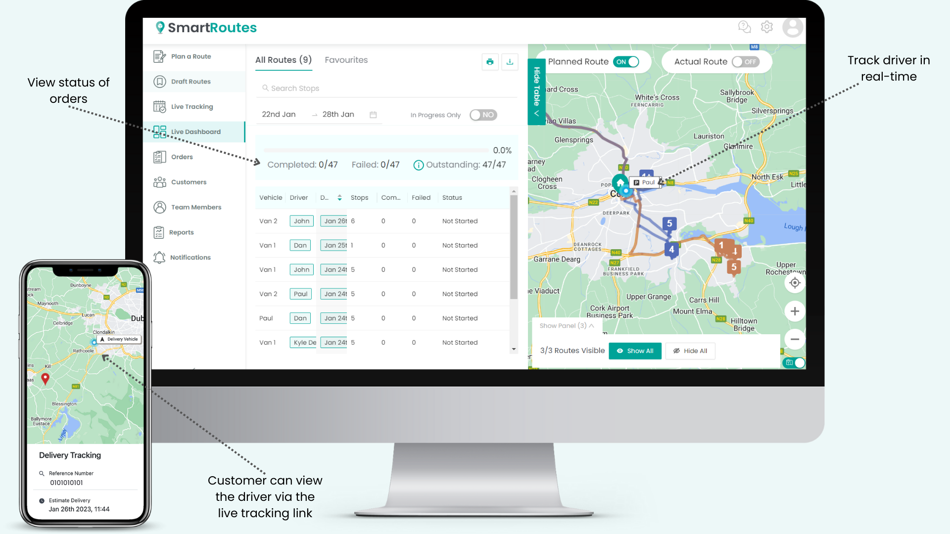 SmartRoutes’ Fleet Tracking Software showing a live dashboard with the drivers realtime location