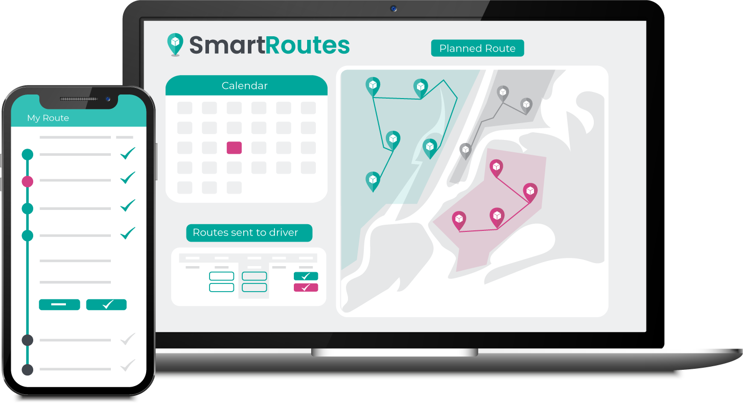 SmartRoutes dashboard on laptop and driver app on mobile